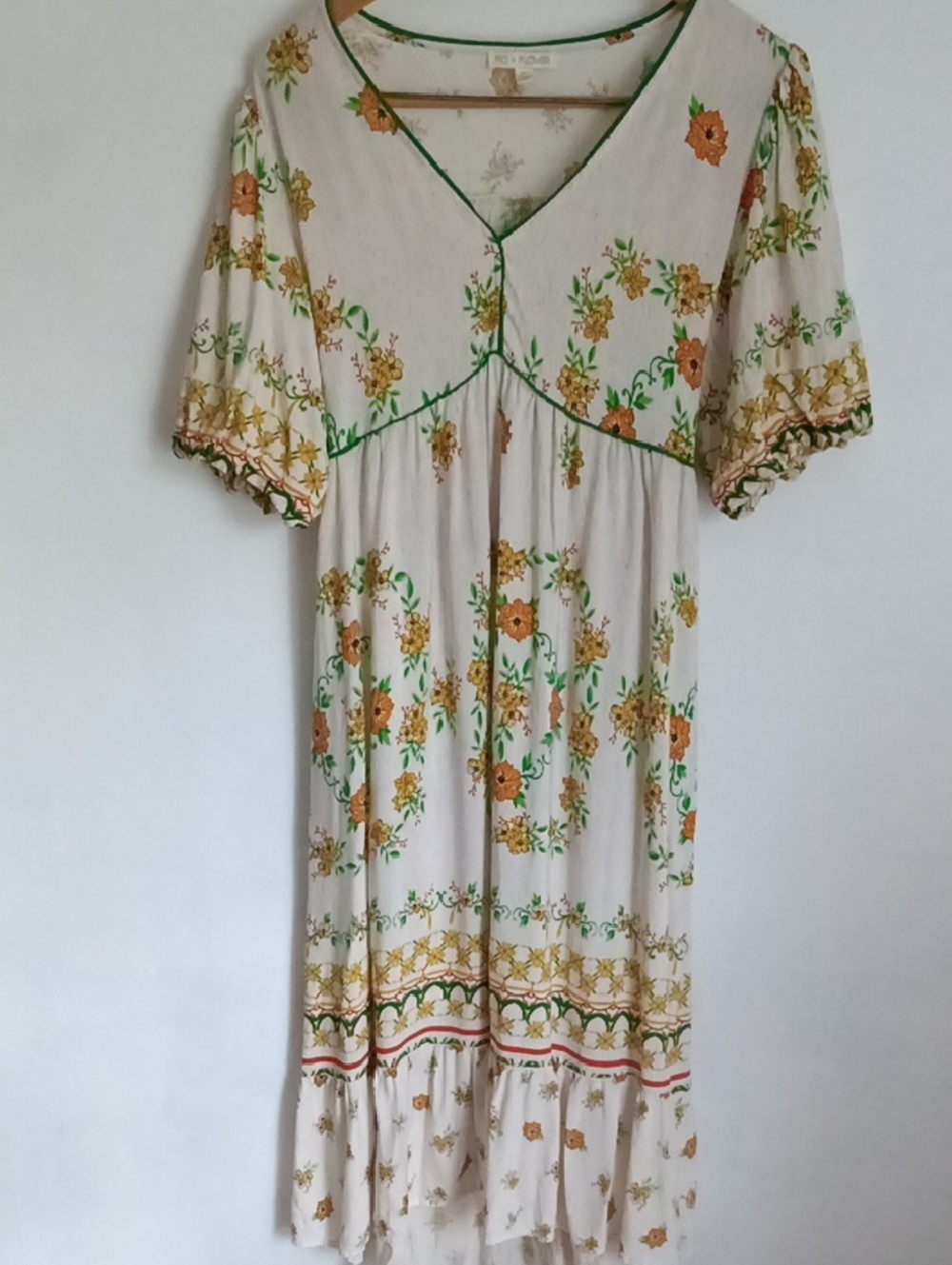Floral Cream Summer Dress with Green Trim